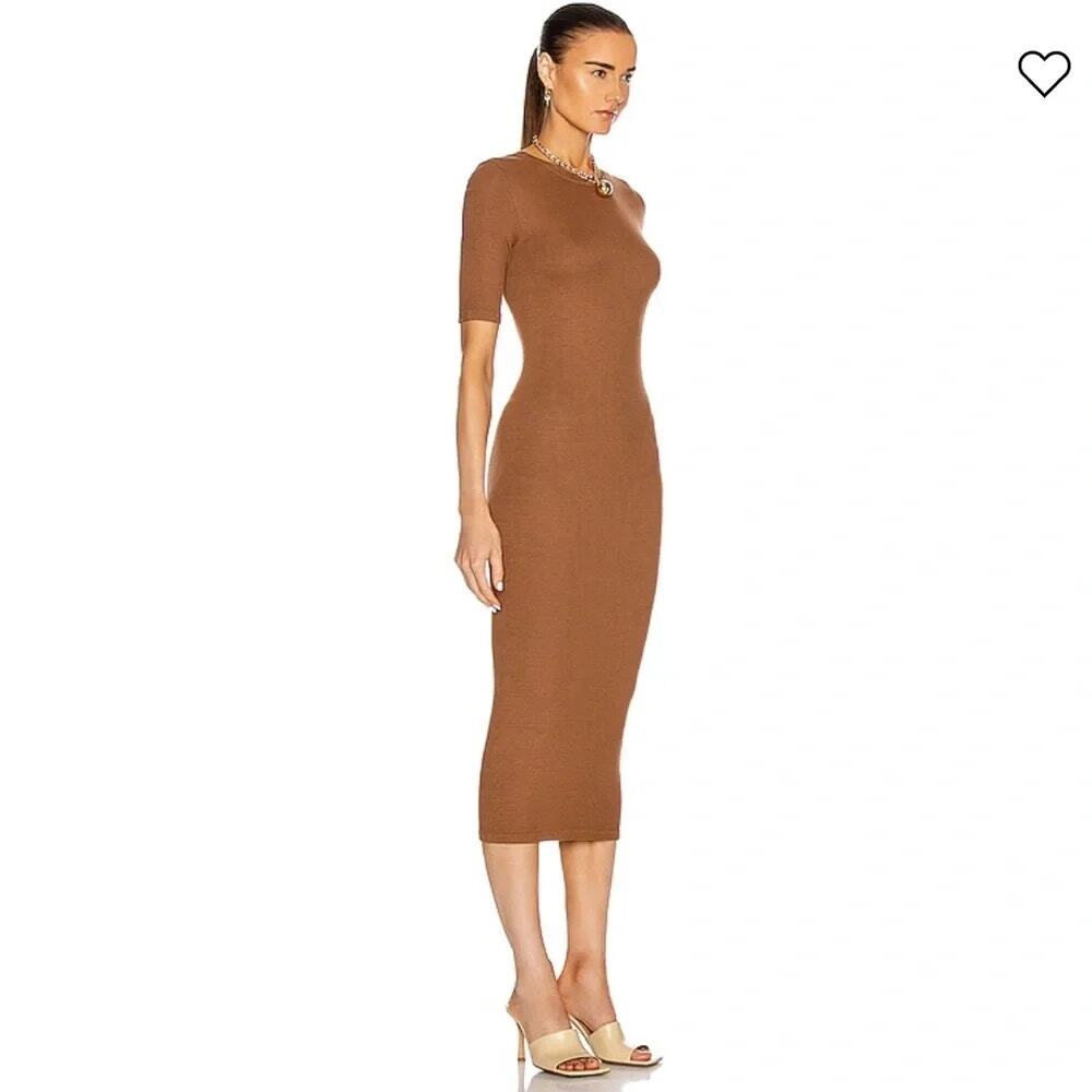 ENZA COSTA Silk Rib Crew Midi Dress COMFY MINIMALIST Tan Half Sleeve Fits S - Picture 2 of 8